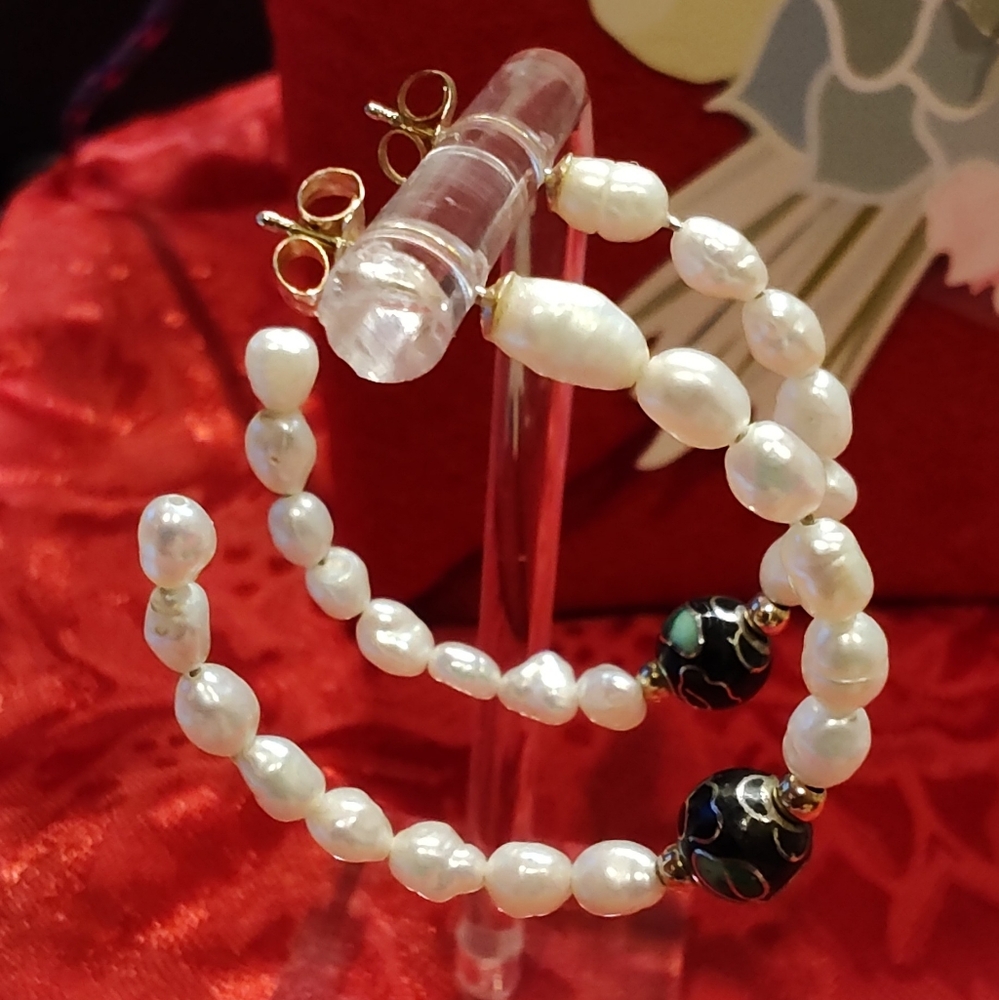 Elegant Fresh Water Pearl With Cloisonne Bead Hoop Earrings 14kt Gold Findings